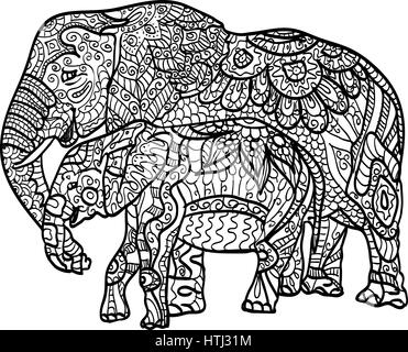 Anti stress et relaxant, éléphants coloriage rempli plaqués. Noir et blanc illustration dessiné à la main dans le vector. Maman éléphant et son petit ele Illustration de Vecteur