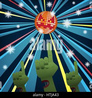 Disco Party Halloween avec des mains de zombies danser sous jack o lantern mirror ball Illustration de Vecteur