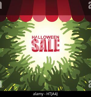 Offres spéciales Halloween avec groupe de zombies' mains attaquer shop window Illustration de Vecteur