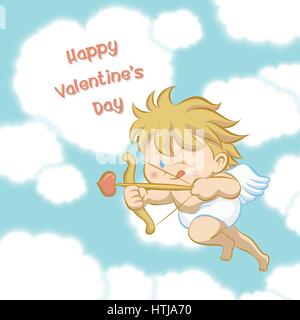 Cupidon voler parmi les nuages en forme de coeur, visant à l'arc et flèche avec un oeil fermer et stick-out tongue de fêter la Saint-Valentin dans un style cartoon Illustration de Vecteur