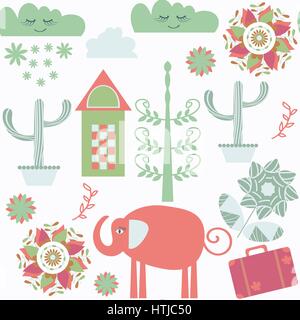 Billet fantaisie motif transparent étrange avec l'éléphant et valise. Il est situé dans la région de Swatch, menu vecteur. Cute funny background Illustration de Vecteur