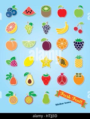 Collection de 25 icônes autocollant de fruits frais Illustration de Vecteur