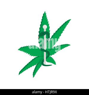 Feuilles de marijuana avec la tige d'Asclépios icon Illustration de Vecteur