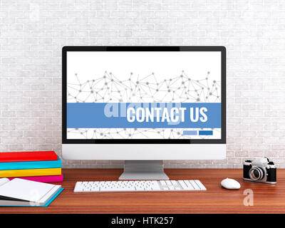 3D illustration. Espace de travail moderne et de l'ordinateur avec des mots NOUS CONTACTER. La technologie et le concept de réseau. Banque D'Images