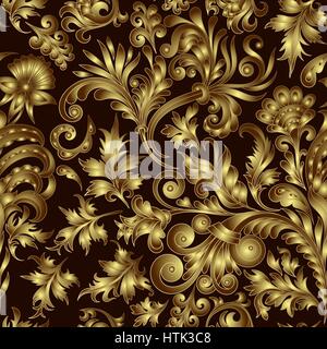 Vector pattern d'or sur fond noir avec le dessin à la main Fleurs et feuilles fantastique Illustration de Vecteur
