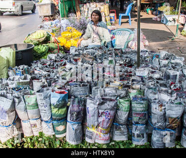 Bangkok, Thaïlande. 14Th Nov, 2006. Une femme attend marchand pour les clients pour ses bouquets emballés dans du papier journal dans le célèbre marché aux fleurs de Bangkok (Pak Klong Talad). La Thaïlande et le marché est devenu une destination touristique favorite. Credit : Arnold Drapkin/ZUMA/Alamy Fil Live News Banque D'Images