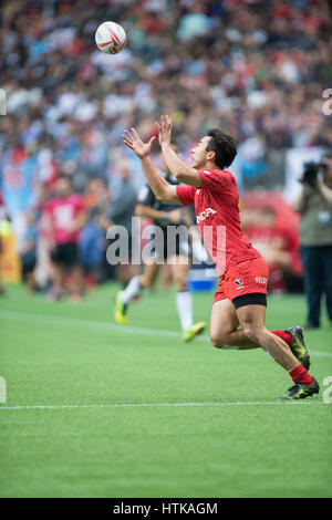 Vancouver, Canada. Mar 12, 2017. Nathan Hirayama (9) du Canada. Jour 2- de rugby à VII de la HSBC Canada, BC Place Stadium. Les progrès de l'Argentine après avoir battu le Canada 12-5. Credit : Gerry Rousseau/Alamy Live News Banque D'Images