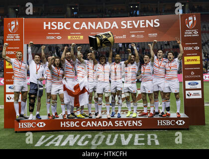 Vancouver, Colombie-Britannique, Canada. Mar 12, 2017. L'Angleterre remporte l'or au cours de la HSBC Canada 2017 Sevens au BC Place Stadium le 12 mars 2017 à Vancouver, BC, Canada. Score final 19 Angleterre, Afrique du Sud 7. Crédit : Andrew Chin/ZUMA/ZUMAPRESS.com/Alamy fil Live News Banque D'Images