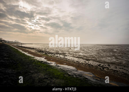 Marée basse à Chalkwell, près de Southend Essex, sur une journée nuageuse. L'estuaire de la Tamise est boueuse à cet endroit, et la marée se retire une grande distance Banque D'Images