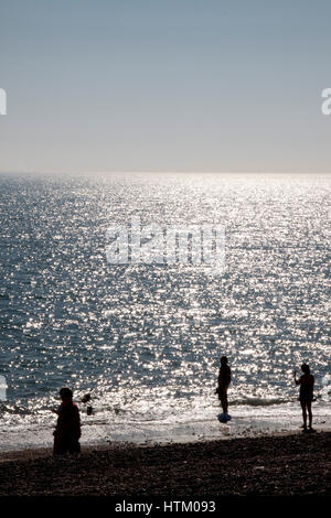 Un couple marche leurs deux chiens sur une plage au coucher du soleil Banque D'Images