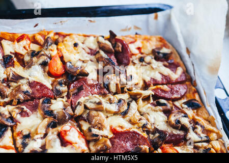 Close up of pizza fraîche et savoureuse avec des champignons et de pepperoni. Banque D'Images