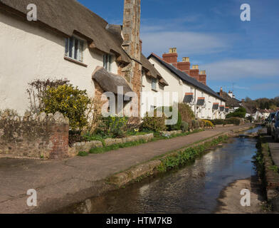 Otterton Fore Street Village montrant l'épi et des Chaumières le long de la rivière qui se jette dans la rivière de la loutre, de l'est du Devon, UK Banque D'Images