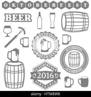 Définir des objets, de l'Oktoberfest, inscriptions, logos, emblèmes, symboles pour l'impression de festival, vector illustration. Illustration de Vecteur