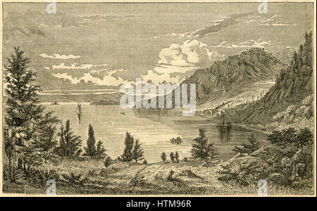 Gravure 1854 anciens, "Vue sur la rivière Hudson près de Newburgh.' La rivière Hudson est un 315-mile (507 km), fleuve qui coule du nord au sud de l'est principalement par l'intermédiaire de New York aux États-Unis. SOURCE : gravure originale. Banque D'Images