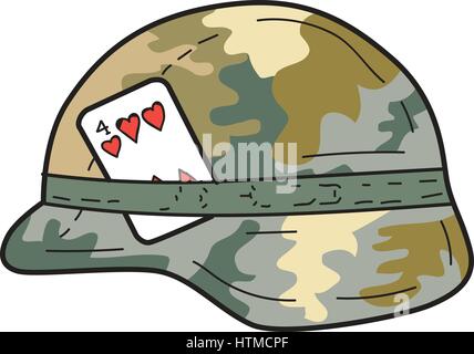 Croquis dessin illustration d'un style Us Army combat Kevlar casque avec couvercle en tissu camouflage et quatre cœurs de carte à jouer ensemble attachés sur le côté o Illustration de Vecteur