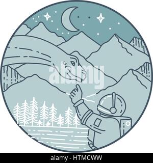 Style ligne mono illustration d'un astronaute de toucher la tête de dinosaure brontosaure mis à l'intérieur du cercle avec vue sur la montagne, la lune, les étoiles et les arbres dans le background Illustration de Vecteur