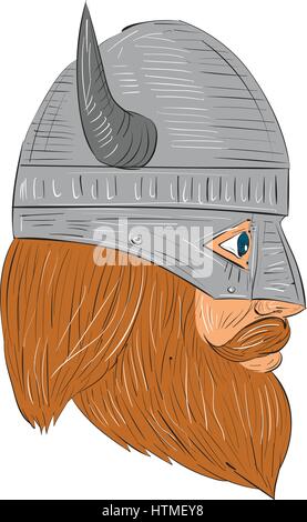 Style croquis dessin illustration d'un norseman guerrier viking raider chef barbare avec barbe portant un casque à cornes vu du côté droit défini o Illustration de Vecteur