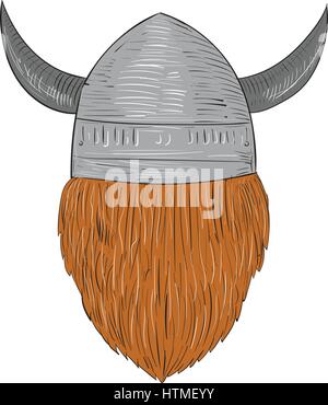 Style croquis dessin illustration d'un norseman guerrier viking raider chef barbare portant des casques à cornes vu de l'ensemble arrière sur blanc isolé Illustration de Vecteur