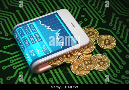 Concept de portefeuille numérique et des Bitcoins sur circuit imprimé. Les Bitcoins or Sortir de la courbe rose Smartphone. 3D Illustration. Banque D'Images