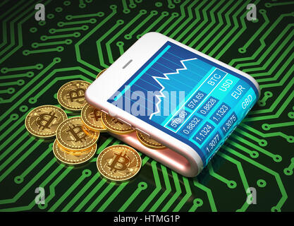 Concept de porte-monnaie virtuel et des Bitcoins sur circuit imprimé. Les Bitcoins or Sortir de la courbe rose Smartphone. 3D Illustration. Banque D'Images