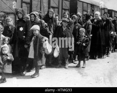 Arrivée d'un train contenant des Juifs déportés à Auschwitz, camp de la mort en Pologne. Auschwitz-Birkenau (1940-1945) était le plus grand de la German Camps de concentration et d'Extermination. 1,1 millions de personnes, dont 90  % de Juifs ont trouvé la mort Banque D'Images