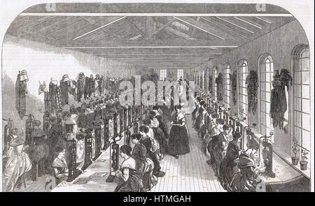 La refente stylo prix, Hinks, Wells & Co., usine, Birmingham. À partir de 'l'Illustrated Midland News', 22 février 1851. Les femmes employées dans la production de masse de biens et de l'exécution d'un processus unique dans la production d'un article fini. Banque D'Images