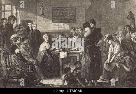 Elizabeth Fry (1780-1845), quaker anglais réformateur social lecture pour les détenues à Newgate. L'homme sur la gauche avec la main à l'arrière du fauteuil est Thomas Fowell Buxton (1786-1845) Banque D'Images