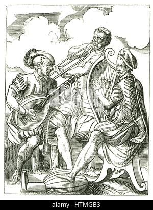 Des musiciens allemands, luth, gauche Clarsach (harpe celtique) et de l'avertisseur sonore. Gravure sur bois par Jost Amman (1535-1591). Banque D'Images