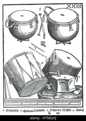 Perucssion Instruments. 1 : tambours militaires, 2 tambours, 3 : Suisse : tuyaux, 4 : Anvil. Gravure sur bois de Michael Praetorius 'Syntagma Musicum', 1615-1620. Banque D'Images