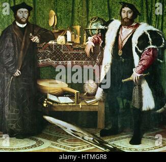 "Les Ambassadeurs", , (1533) : Jean de Dinteville (1504-1555) et Georges de Selve (1508-1551), évêque de Lavaur, les ambassadeurs à la cour de Henry VIII d'Angleterre. Hans Holbein le Jeune (1497-1543), artiste d'origine allemande. État avant le nettoyage. Banque D'Images