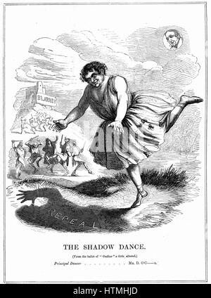 'La danse de l'ombre' Daniel O'Connell (1775-1847) 'Le Libérateur', homme politique irlandais, chef de l'abrogation de l'union avec la Grande-Bretagne (mouvement), montré comme un homme de peu de substance, mais avec le don de mots, après avoir embrassé la pierre de Blarney. Caricature de 'Punch', Londres, 1843. Gravure Banque D'Images