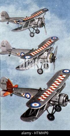 'Air Raid Précautions' : Jeu de 50 cartes émises par DEO et le H0 Wills, la Grande-Bretagne en 1938, en prévision de l'arrivée de la Seconde Guerre mondiale. Gauntlet Gloucester Interceptor Fighters Banque D'Images