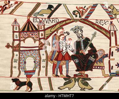 Édouard le Confesseur (c1003-66) roi anglo-saxons de l'Angleterre de 1042. Edward sur son trône. Tapisserie de Bayeux Banque D'Images