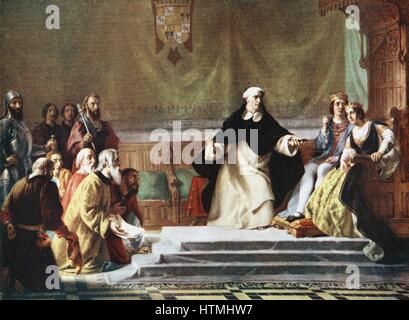 Expulsion des juifs d'Espagne, 1492. Impression d'artiste Ferdinand et Isabelle d'être demandé pour la miséricorde mais prélat enseigne également en face d'eux en avertissement. Banque D'Images