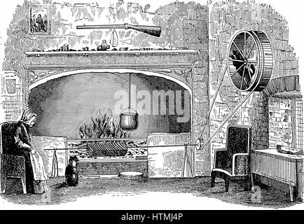 Turnspit chien au travail. Ces courtes pattes chiens ont été produites en particulier de travailler en cuisine roues tournant crache. En 1800, la race a presque disparu. La gravure sur bois c1880 Banque D'Images