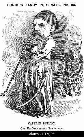 Richard Francis Burton (1821-1890) orientaliste anglais et explorer. Edward Linley Sambourne dessin animé par de 'Punch', Londres, 13 mai 1882, montrant Burton dans l'Est de l'habiller il a adopté lors de ses voyages. Chiffres sur la droite représentent Murray et guide Baedeker des livres. La gravure sur bois Banque D'Images