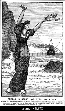 Oscar Wilde (1854-1900) dramaturge irlandais, romancier, poète et d'esprit, quitte l'Angleterre à tour America.Caricature de 'Punch' Londres, 4 février 1882, montrant l'esthétisme, comme Ariadne à Naxos, déplorant le départ d'Oscar. Gravure sur bois Banque D'Images