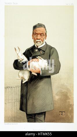 Louis Pasteur (1822-185) chimiste français et fondateur de la bactériologie moderne, ici holding lapins utilisés dans son travail sur l'hydrophobie (la rage). Caricature de 'Vanity Fair', Janvier 1887 Banque D'Images