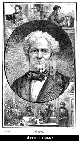 Michael Faraday (1791-1867) physicien et chimiste britannique. En haut à gauche, la lecture quand l'apprenti de Riebau comme relieur ; en haut à droite ; l'expérimentation. Bas ; donner des discours vendredi soir à l'Institution royale de Londres. La gravure sur bois, 1881 Banque D'Images