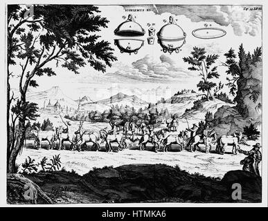 Von Guericke, démonstration de puissance du vide, à l'aide d'hémisphères de Magdebourg et deux équipes de chevaux. De Guericke Experimenta 'Nova', Amsterdam, 1672 Banque D'Images