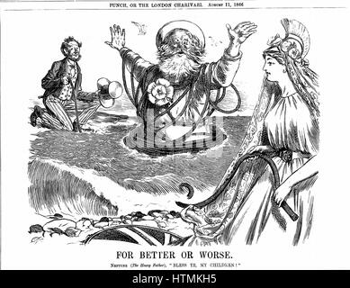 Atlantic Telegraph : Père Neptune Britannia et bénédiction sur l'Oncle Sam la réussite d'un câble télégraphique de l'Atlantique. Cartoon 'Punch' London 11 Août 1866 Banque D'Images