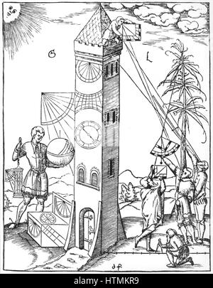 Méthodes d'enquête (à droite) et le temps de maintien (à gauche). Sur la gauche sont différents types de cadrans solaires et d'une horloge avec un seul bras. Sur la droite une enquête a été faite de la hauteur de la tour, en utilisant les quadrants et, à l'extrême droite, un personnel de la Croix-Rouge. Banque D'Images