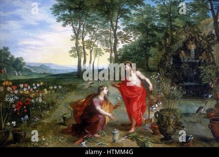 Jan Brueghel ou Breughel le jeune (1601-1678) et Hendrick van Balen. "Noli Me tangere" Huile sur bois. Collection privée. Marie Madeleine, la première à voir le Christ ressuscité dans le jardin de Gethsémani. Banque D'Images