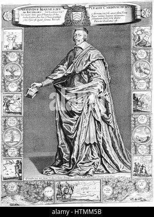 Jean Armand Duplessis, Duc de Richelieu (1585-1642), prélat et homme d'État français : Cardinal 1624 : Ministre d'état de Louis XIII et de facto de la France à partir de 1629. Gravure d'après Philippe de Champaigne portrait et entouré ses réalisations dans Banque D'Images