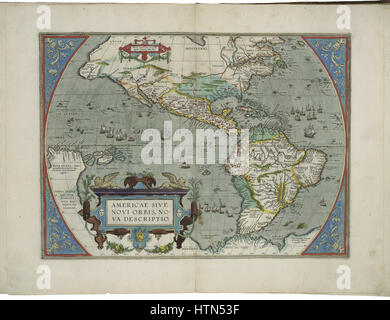 Une carte des Amériques créée par Abraham Ortelius, l'une des premières cartes imprimées à représenter l'hémisphère occidental en détail, mettant en valeur les continents et les mers environnantes avec précision pour le XVIe siècle. Banque D'Images