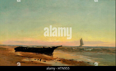 *Sunset Shoreline* de Warren Sheppard capture une scène côtière sereine au coucher du soleil. La peinture reflète l'habileté de l'artiste à rendre la lumière, l'ombre et l'eau, créant un paysage naturel tranquille. Banque D'Images