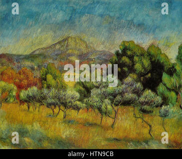 « Montagne Sainte-victoire » de Pierre-Auguste Renoir est une peinture de paysage qui met en valeur l'approche impressionniste de l'artiste français de la lumière et de la couleur. Le tableau représente la montagne emblématique près d'Aix-en-Provence, rendue dans des coups de pinceau vibrants et fluides qui reflètent la beauté du paysage naturel. Banque D'Images