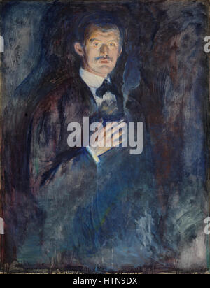 Edvard Munch, un peintre norvégien, dans un autoportrait avec une cigarette. Banque D'Images