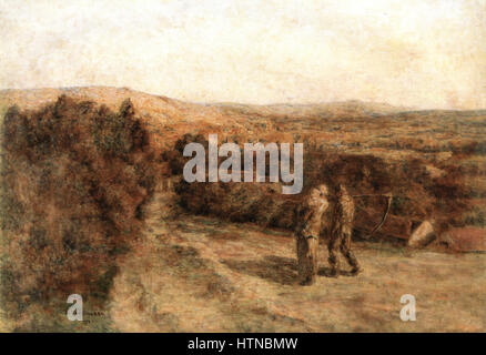 'Le retour des champs' de Léon Lhermitte, peint en 1921, représente une scène rurale de paysans revenant des champs. L'artiste capture la simplicité et la dignité de la vie rurale avec son accent sur les détails naturalistes et les tons chauds, caractéristiques de son style. Lhermitte était connu pour ses portraits de la vie paysanne, mettant en évidence les thèmes du travail et de l'existence rurale. Banque D'Images