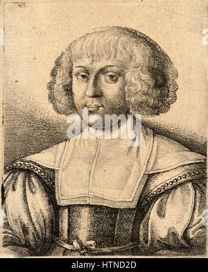 La gravure de Venceslas Hollar 'Young Woman with Bib (State 1)' est un portrait détaillé d'une femme, la capturant dans une tenue simple mais élégante. La maîtrise de Hollar en gravure est évidente à travers les lignes fines et la texture, représentant une figure modeste mais digne du XVIIe siècle. Banque D'Images